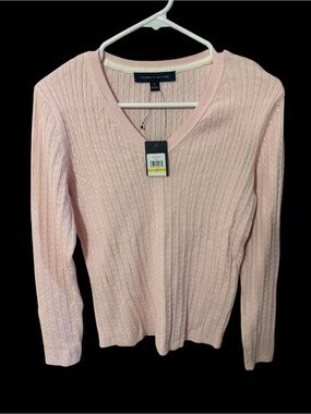 Tommy Hilfiger Light Pink V-Neck Cable Knit Sweater